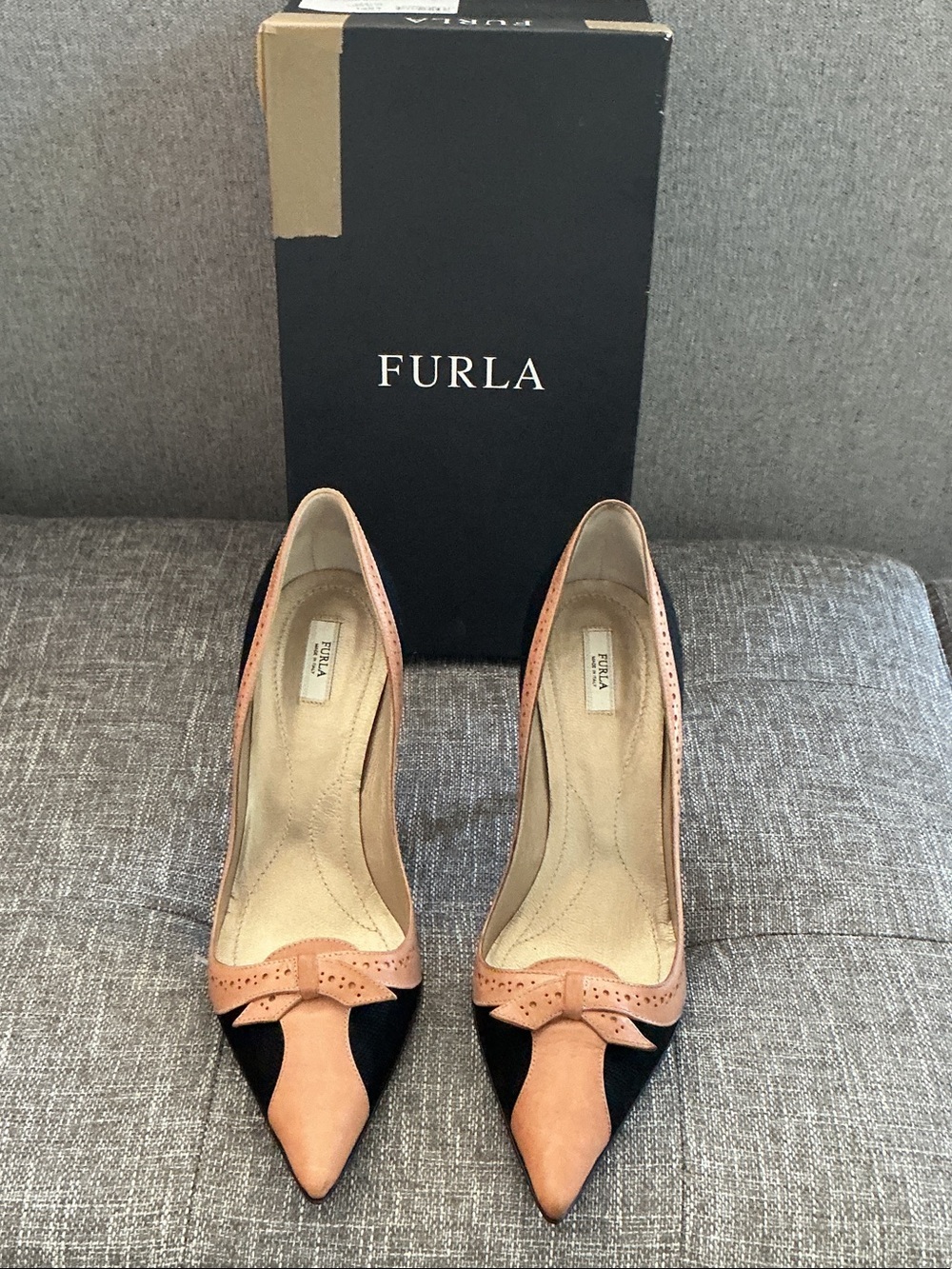 Furla Two-Tone Black and Tan Pointed Toe Pumps with Bow Accent